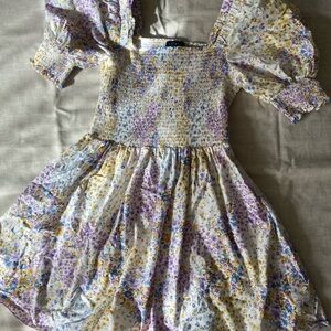 Purple and Yellow Smocked Mini Sundress with Puff Cap Sleeves